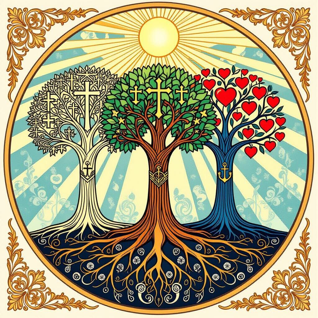 Metaphorical Trees of Faith, Hope, and Love in Surreal Style