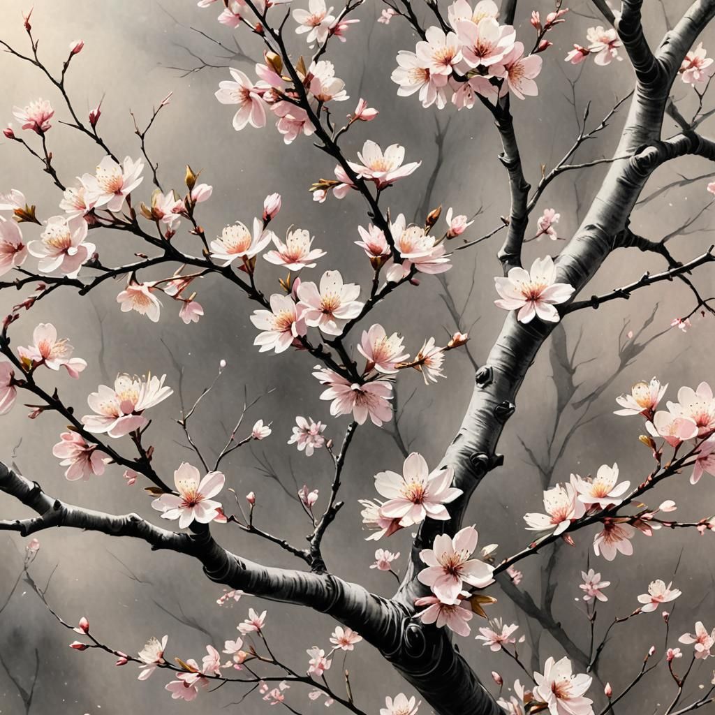 Cherry Blossoms in Charcoal Drawing Style