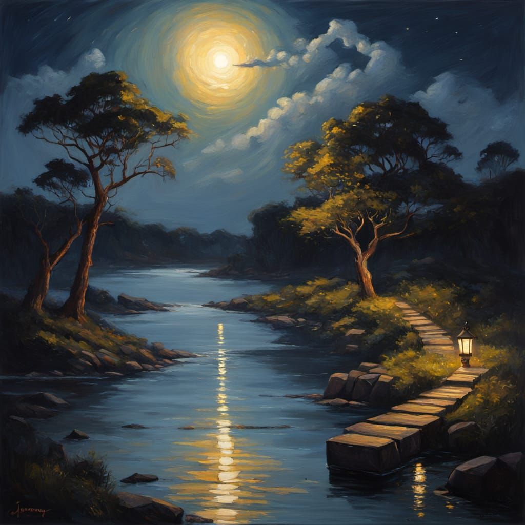 Single Lantern Illuminates Hopeful Night Path Oil Painting