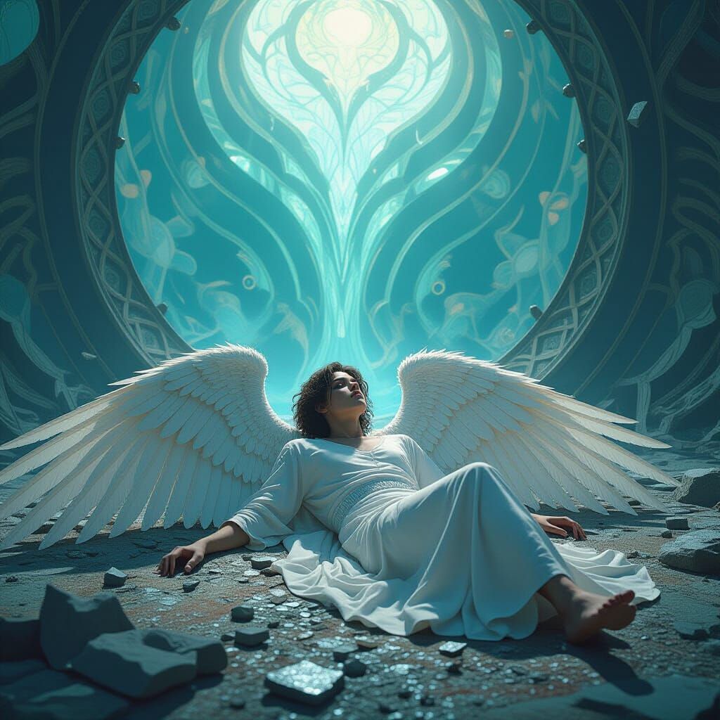 Defeated Figure with Shattered Wings in Mystical Realm