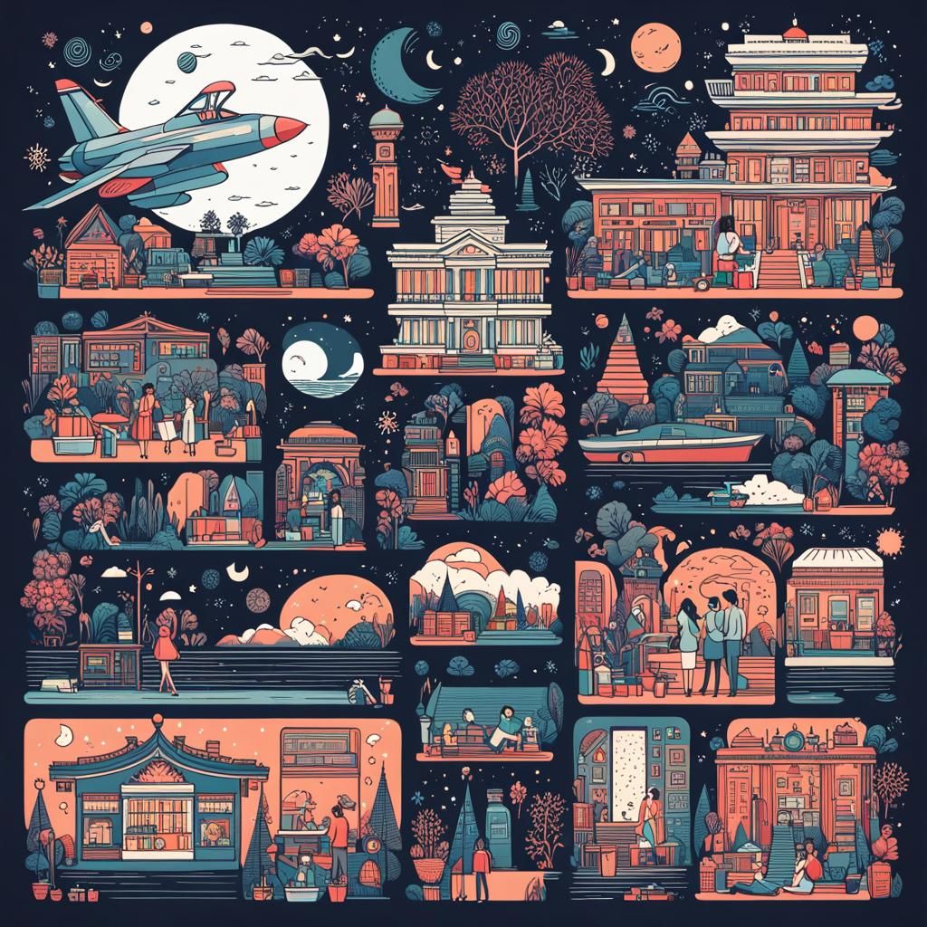 Complex Doodle Featuring Fighter Jet and Cityscape