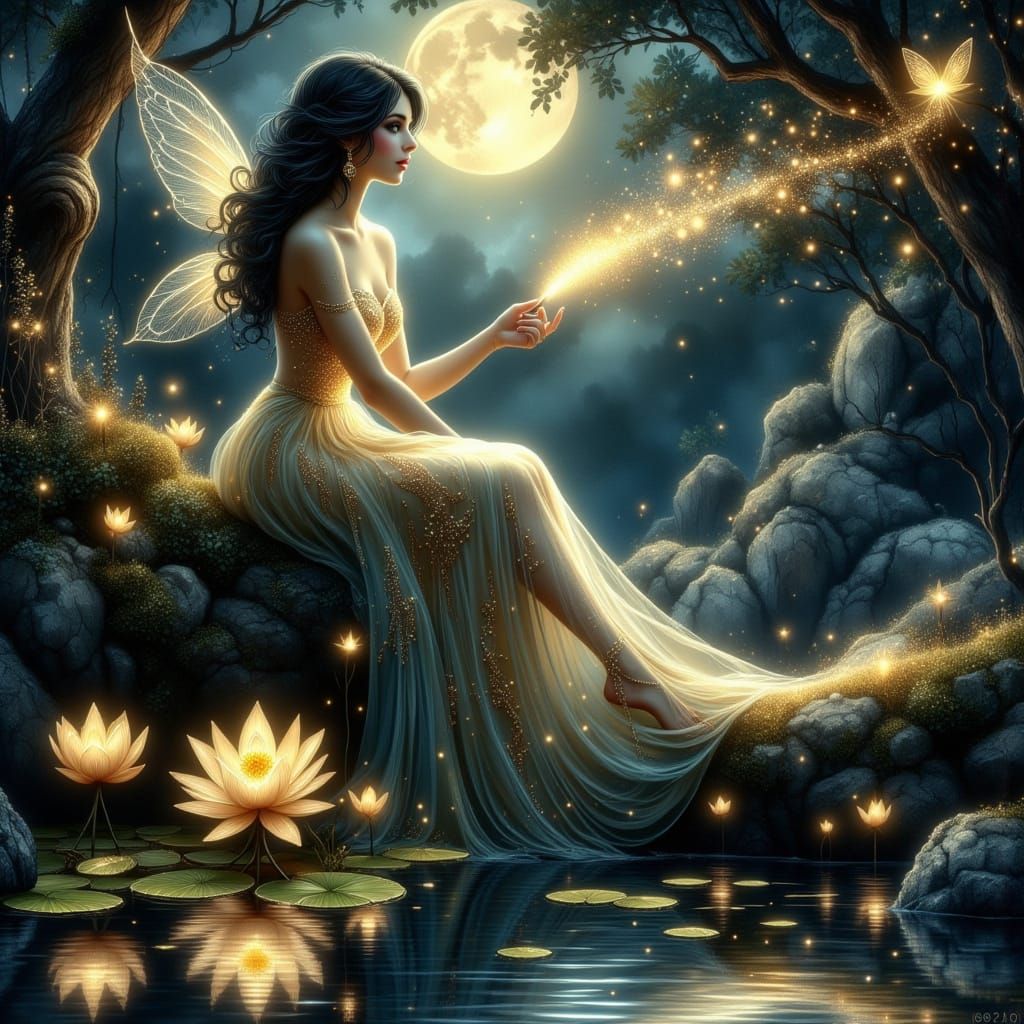 Enchanted Fairy in Glittering Gown Sits Amidst Whimsical For...