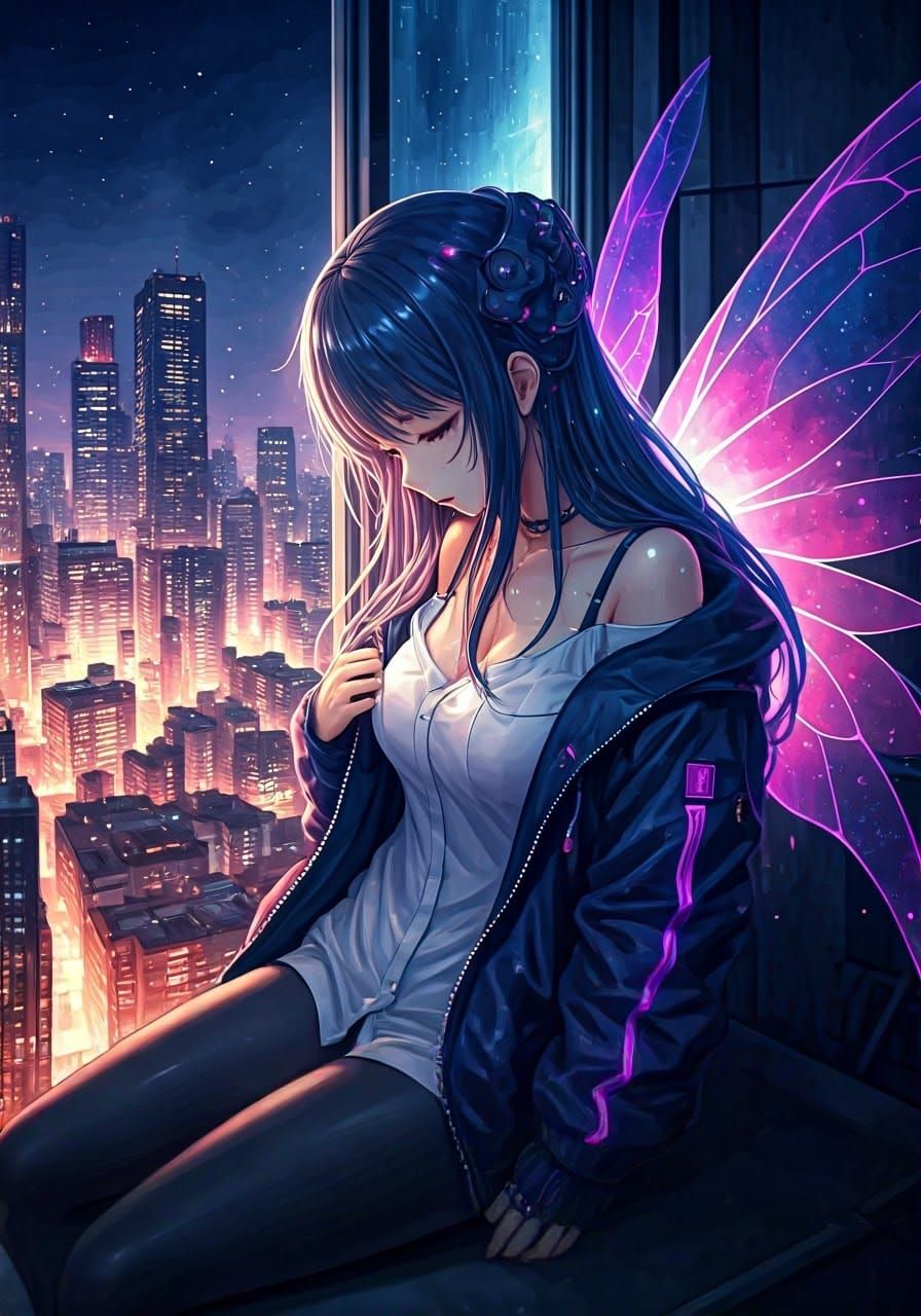 Cyberpunk Fairy Overlooking Cityscape as Digital Art