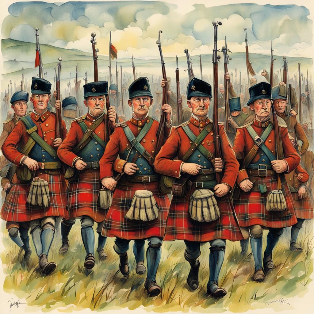 Whimsical Bluegrass Soldiers in Tartan Kilts Illustration