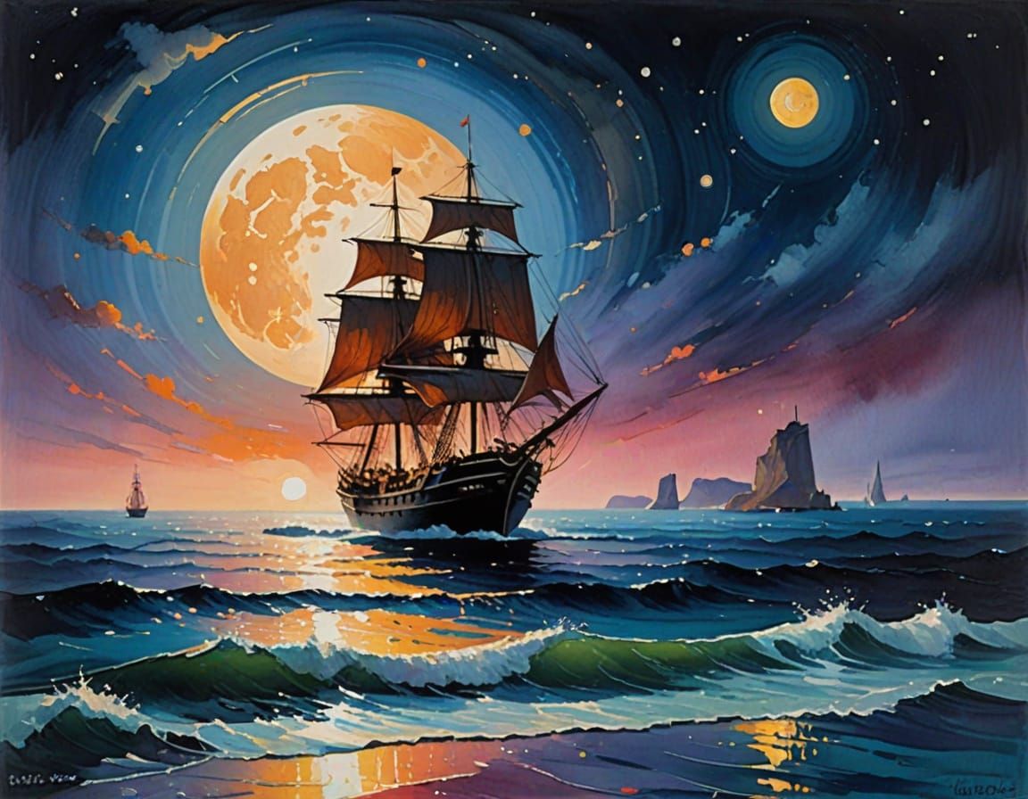 Impressionist Ship Sails Under Moonlight in Gouache