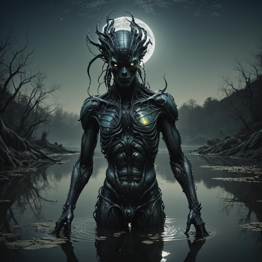 Ethereal Gothic Horror Creature in Moonlit Landscape