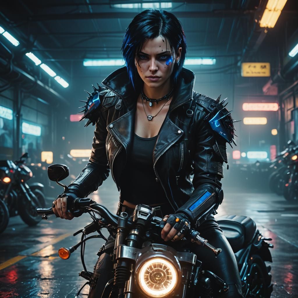 Cyberpunk Woman Tinkers with Motorcycle in Neon City