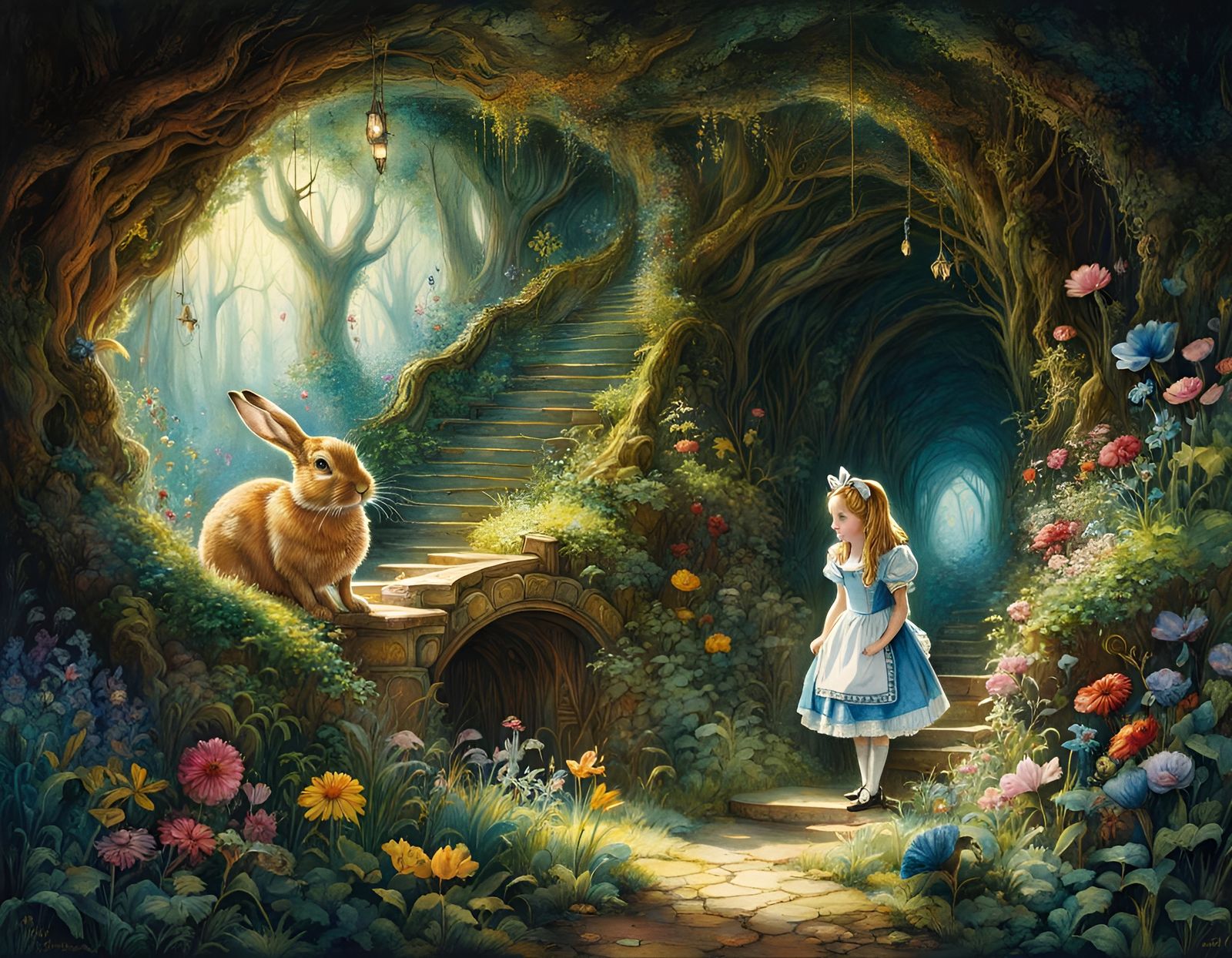 Alice in Wonderland Rabbit Hole Watercolor Painting