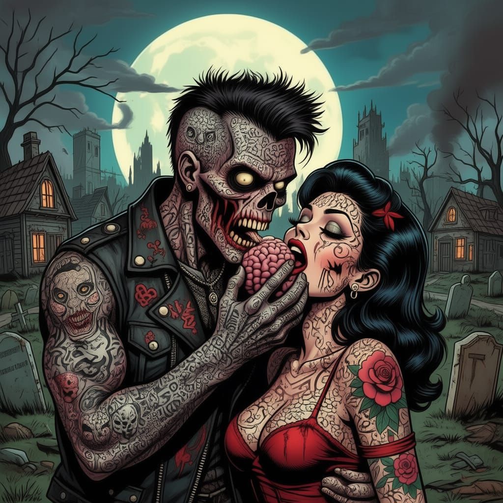 Psychobilly Zombie Devours Pin Up Girl in Post-Apocalyptic C...