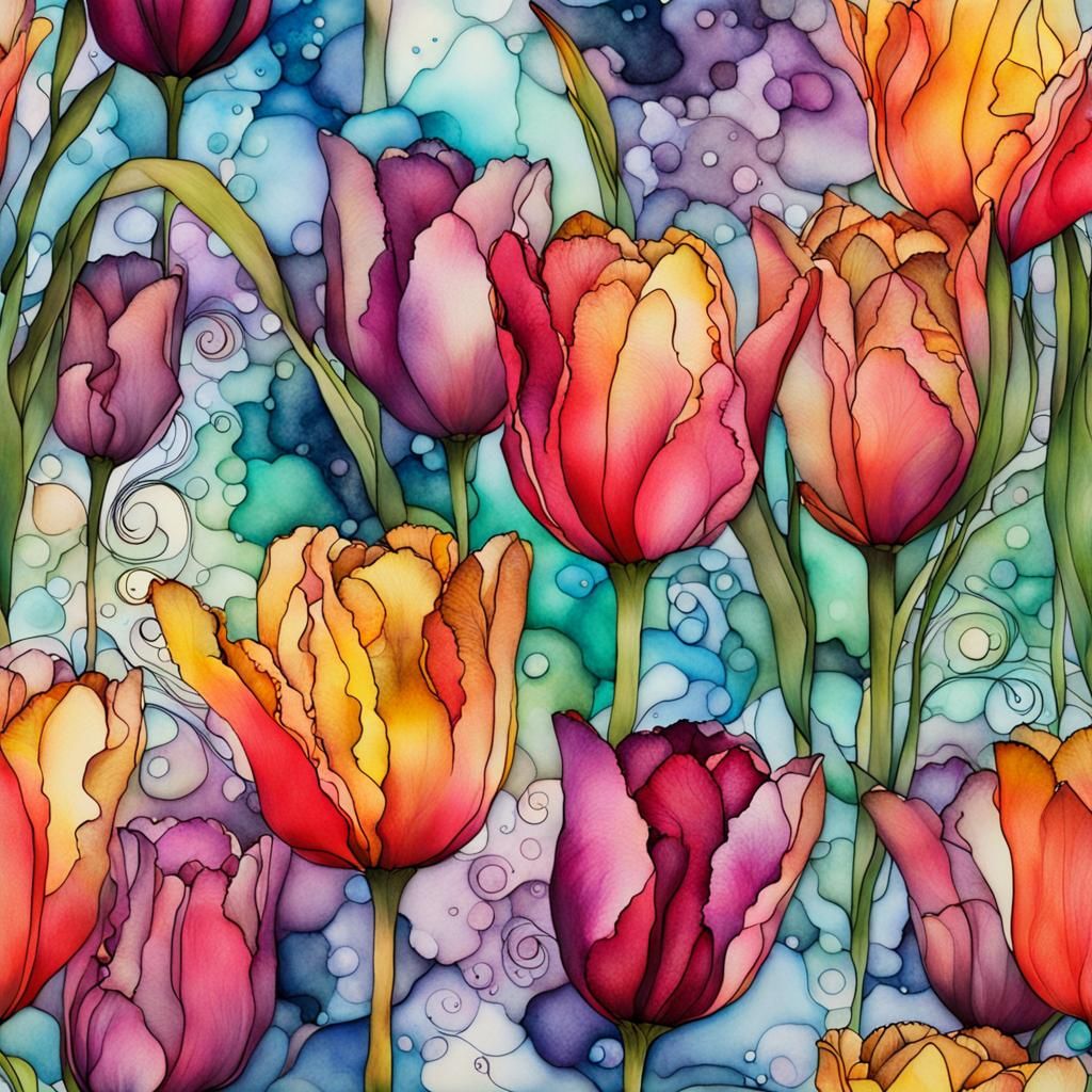 Colorful Tulips in Alcohol Ink Style