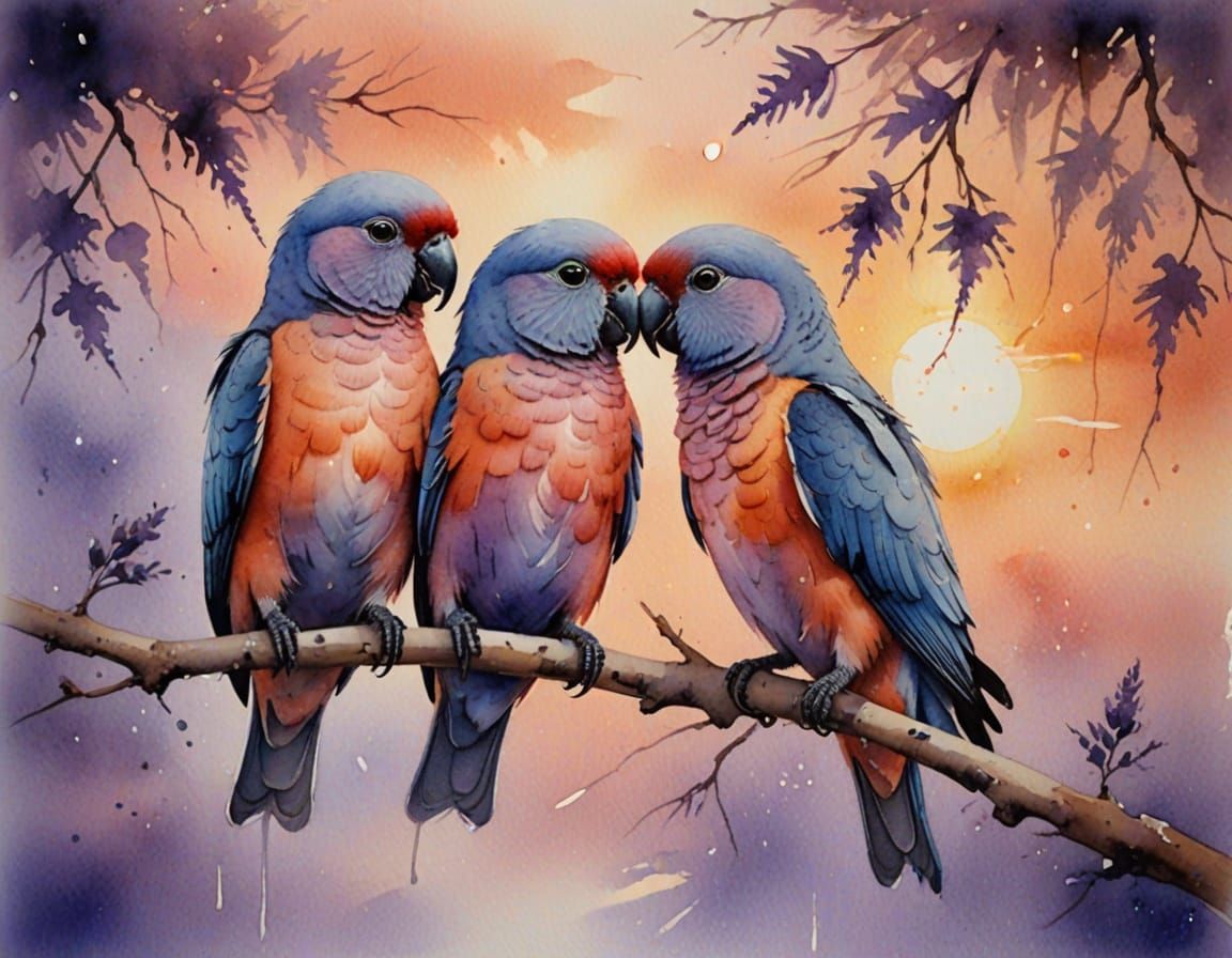 Lovebirds Cuddle at Sunset: Watercolour Painting