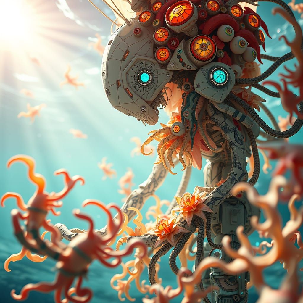 Hybrid Creature in Bioluminescent Underwater Scene