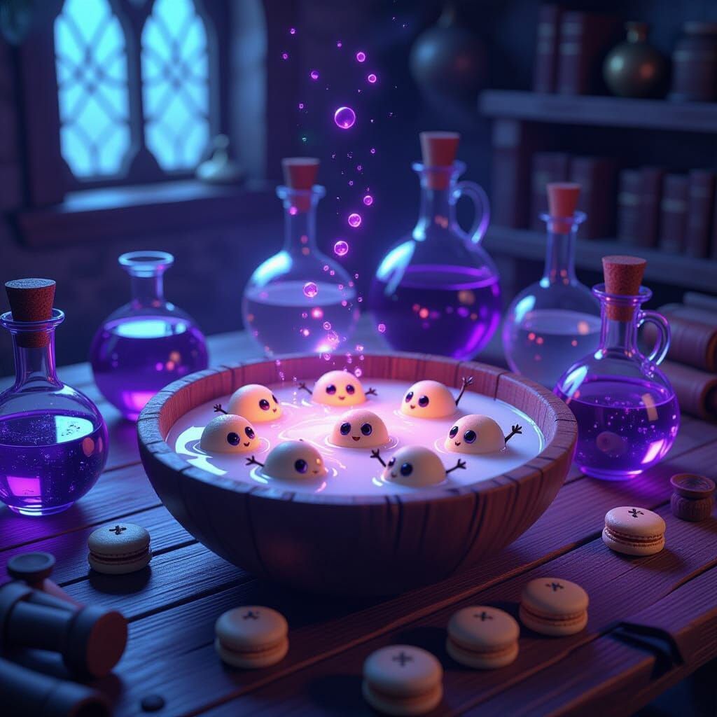 Enchanted Alchemy Table with Glowing Bowl and Macaroon Creat...