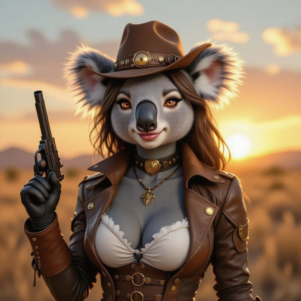 Steampunk Koala Cowgirl Under Desert Sunset