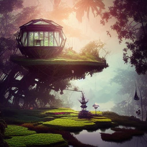 Terrarium House on Floating Island, Fantasy Art