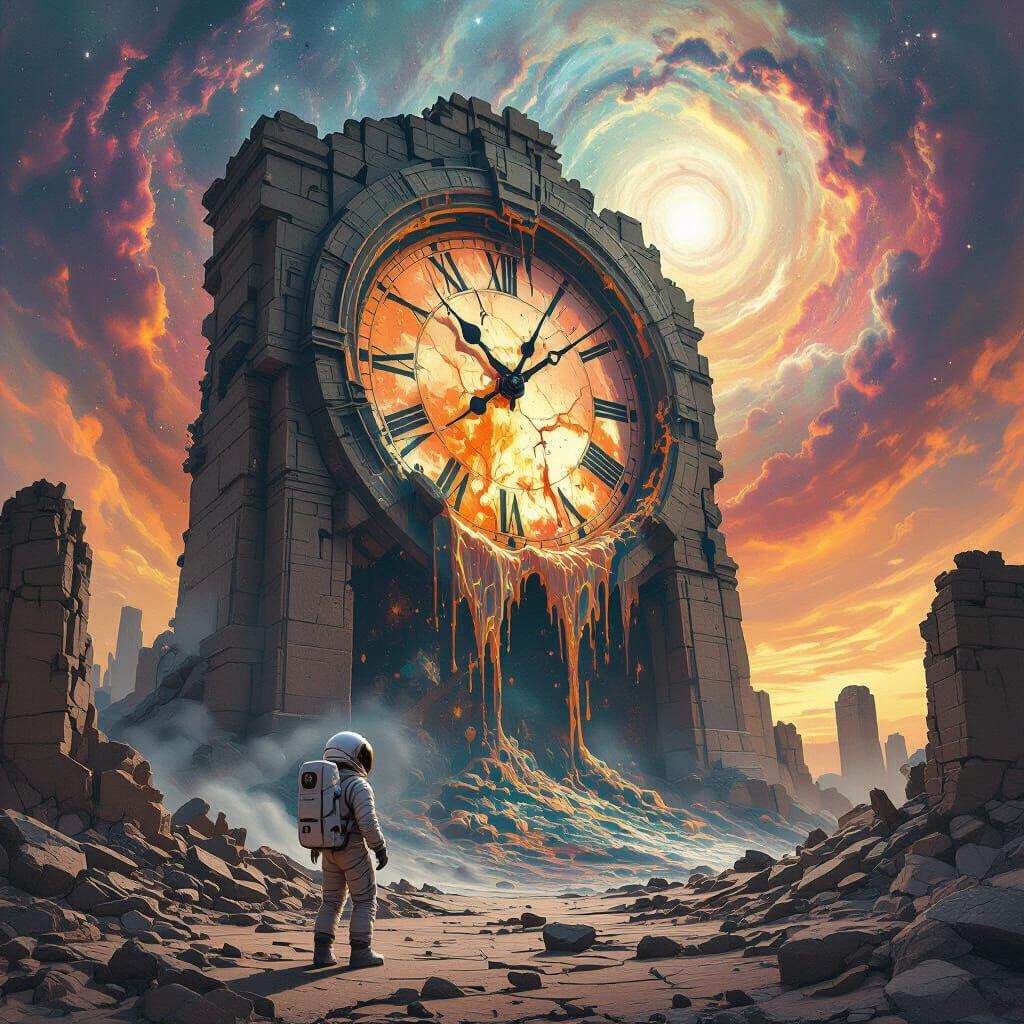 Astronaut and Melting Clock in Surreal Cosmic Horror