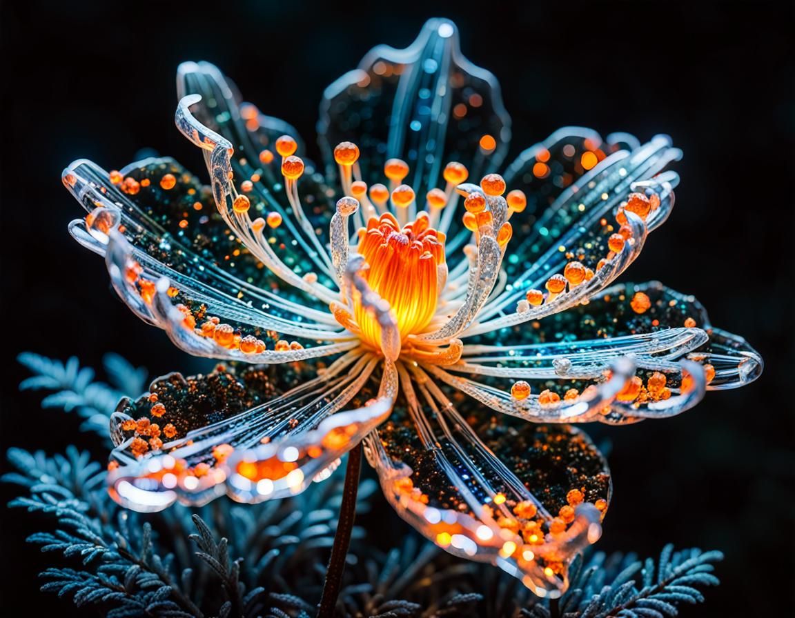 Ornate Bioluminescent Crystal Flower in Dark Forest