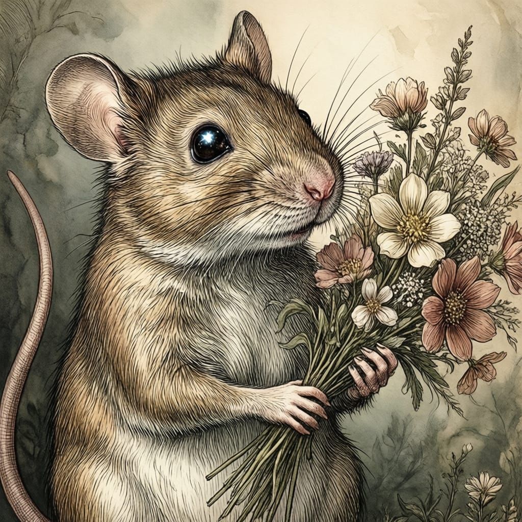Mouse Offers Flowers in Albrecht Dürer Style Watercolor