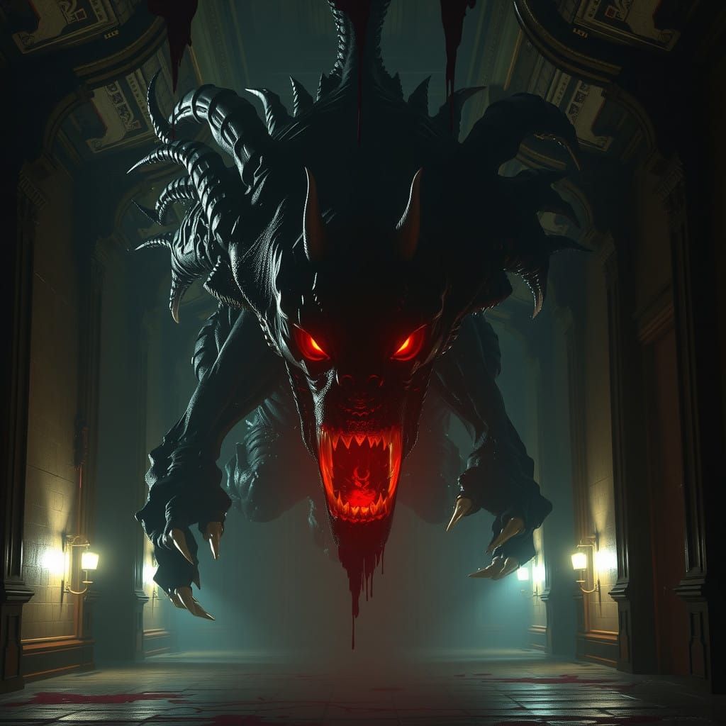 Hulking Dark Fantasy Creature in Haunting Hallway