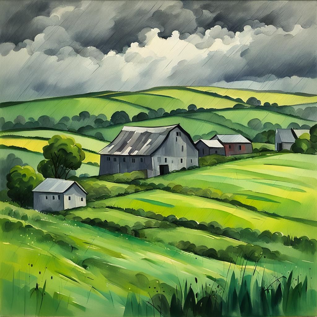 Rainy Village Scene as Impasto Gouache Painting