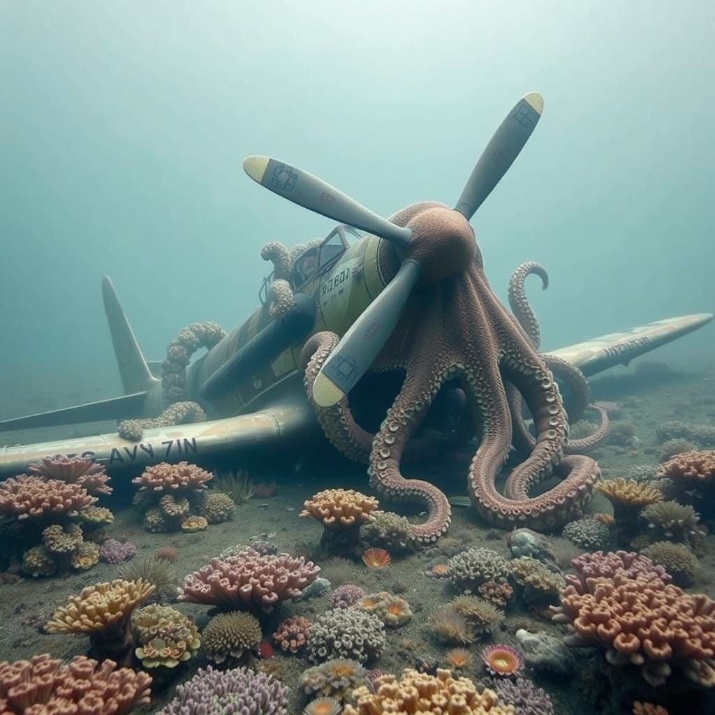 Vintage War Plane Ensnared by Ocean Octopus