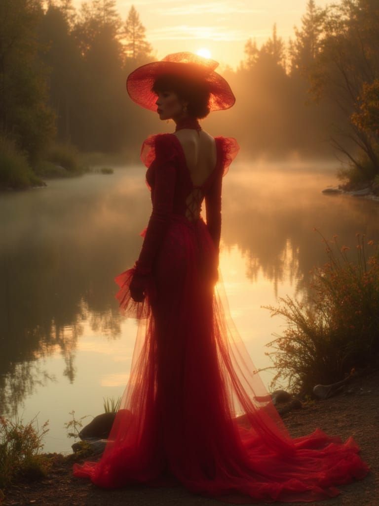 Woman in Red by Lake at Golden Hour in Geo Nouveau Style