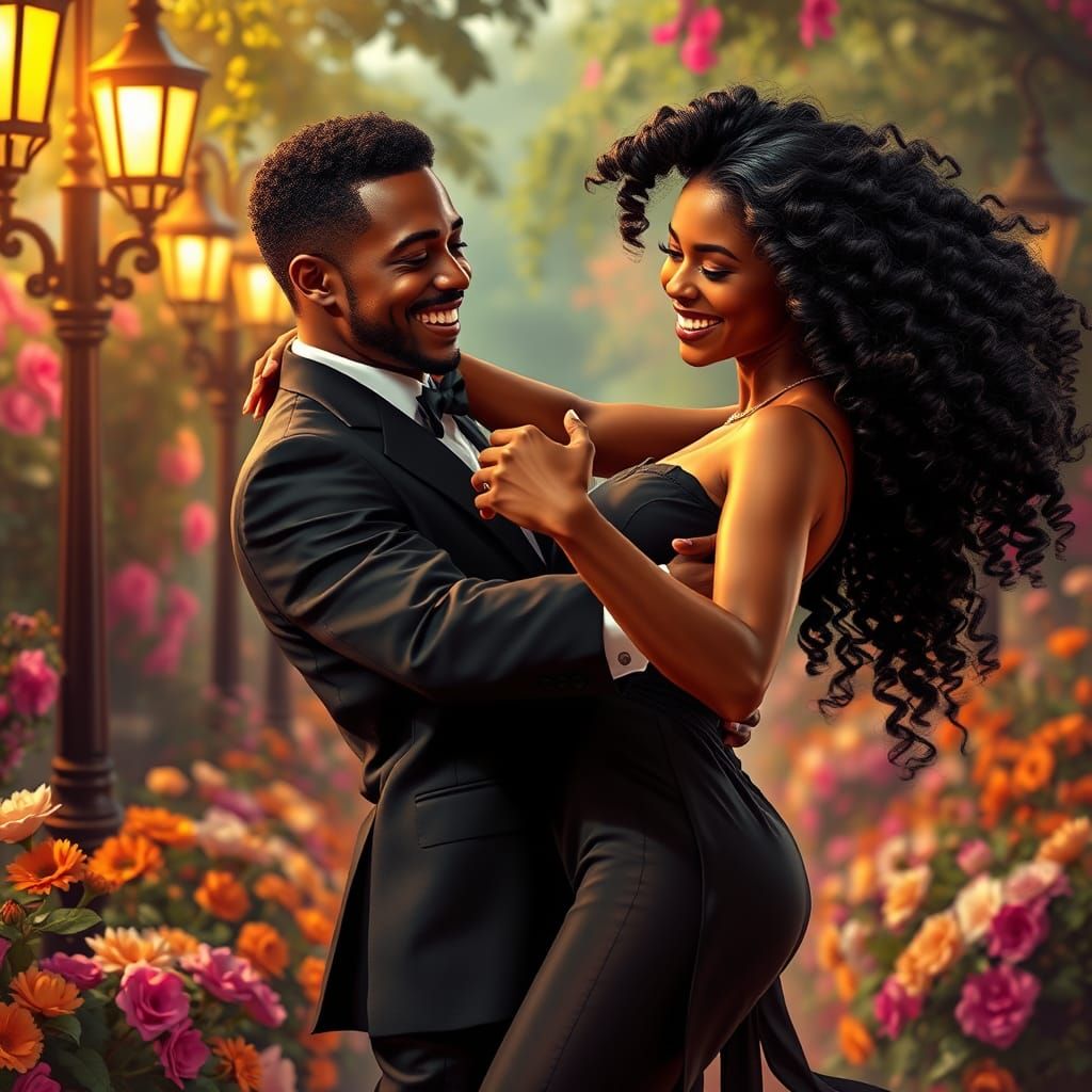 Romantic Tango Dance in a Hyperrealistic Garden Scene