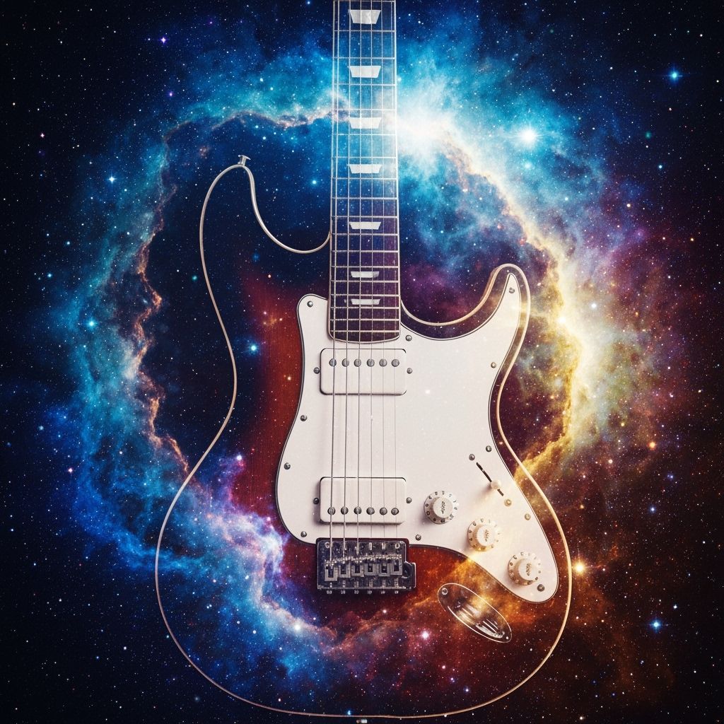 Electric Guitar Merged with Cosmic Nebula in Surreal Style