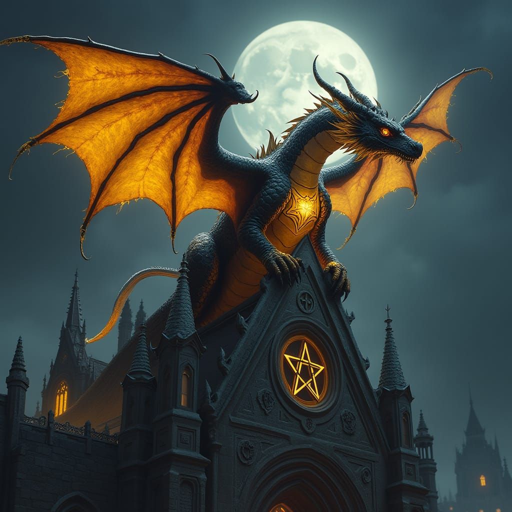 Dragon Perched on Gothic Cathedral in Dark Fantasy Style