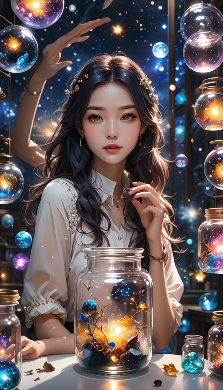 Anime Girl Holds Universe in Glass Jar