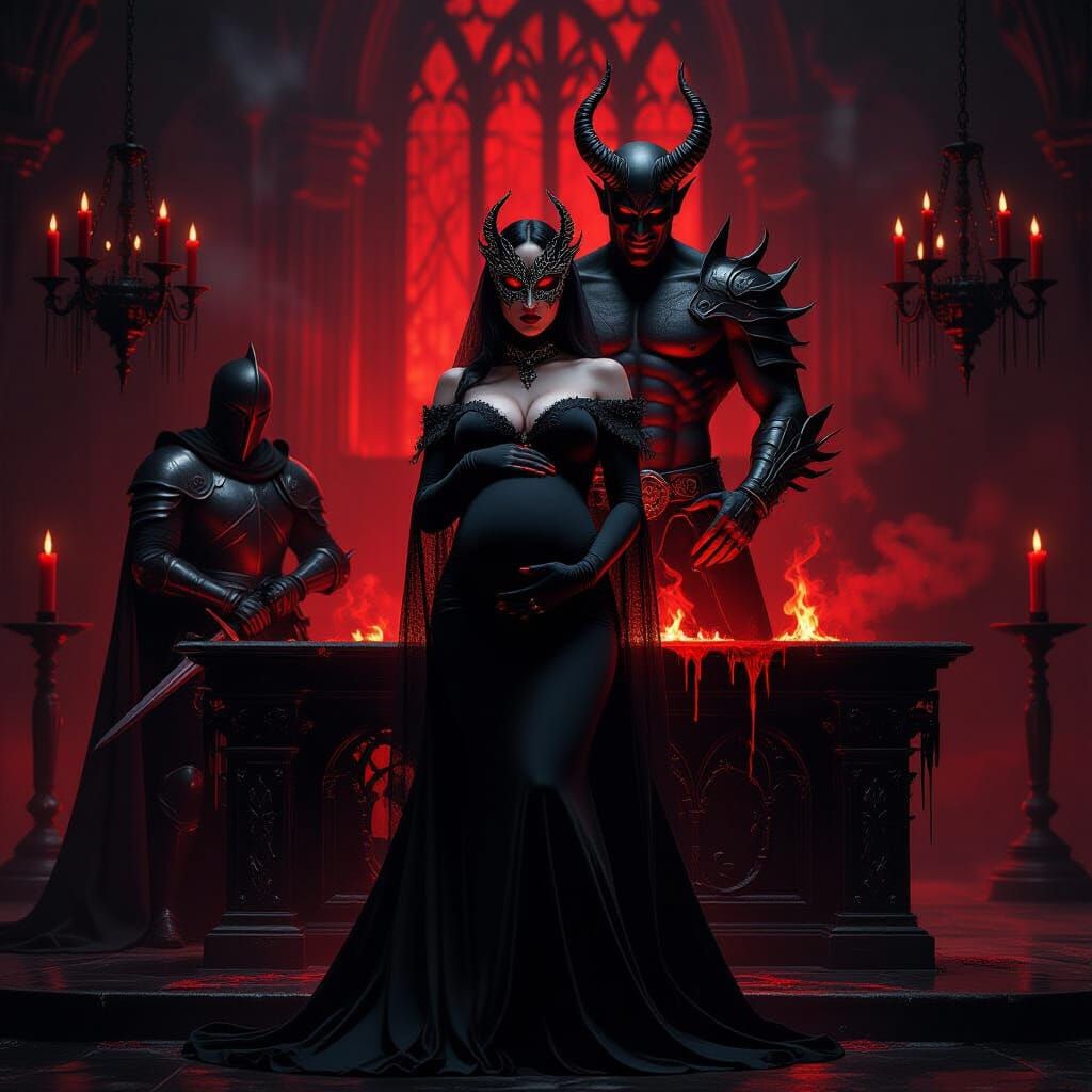 Gothic Hell-Church Scene with Masked Mistress and Devil