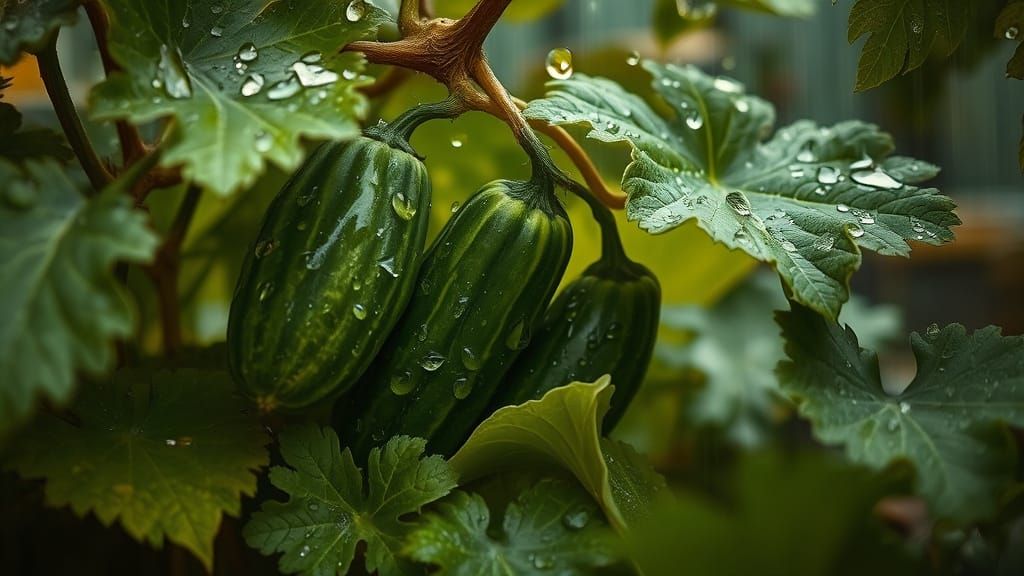 Cucumbers Hide in Garden Under Chiaroscuro Rain