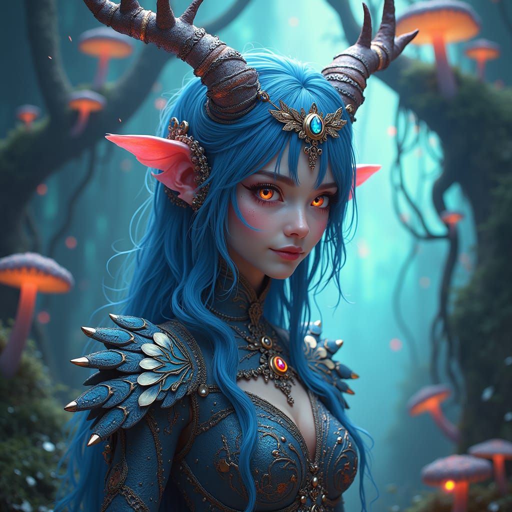 Mystical Being with Piercing Gaze in Dreamlike Landscape