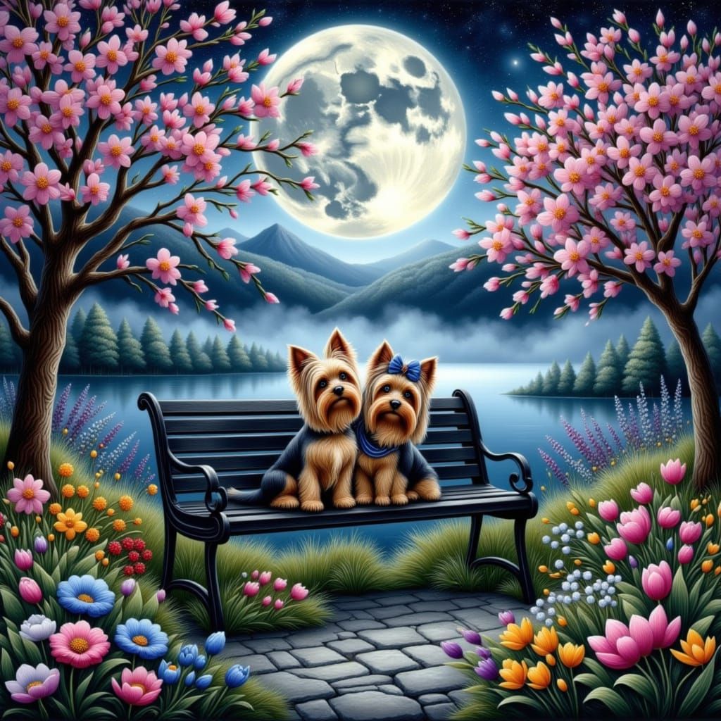Yorkies Under Moonlight: A Dreamlike Spring Night