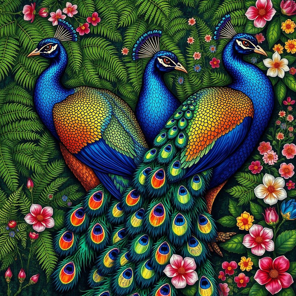 Ornate Peacocks in Emerald, Sapphire, and Ruby Hues