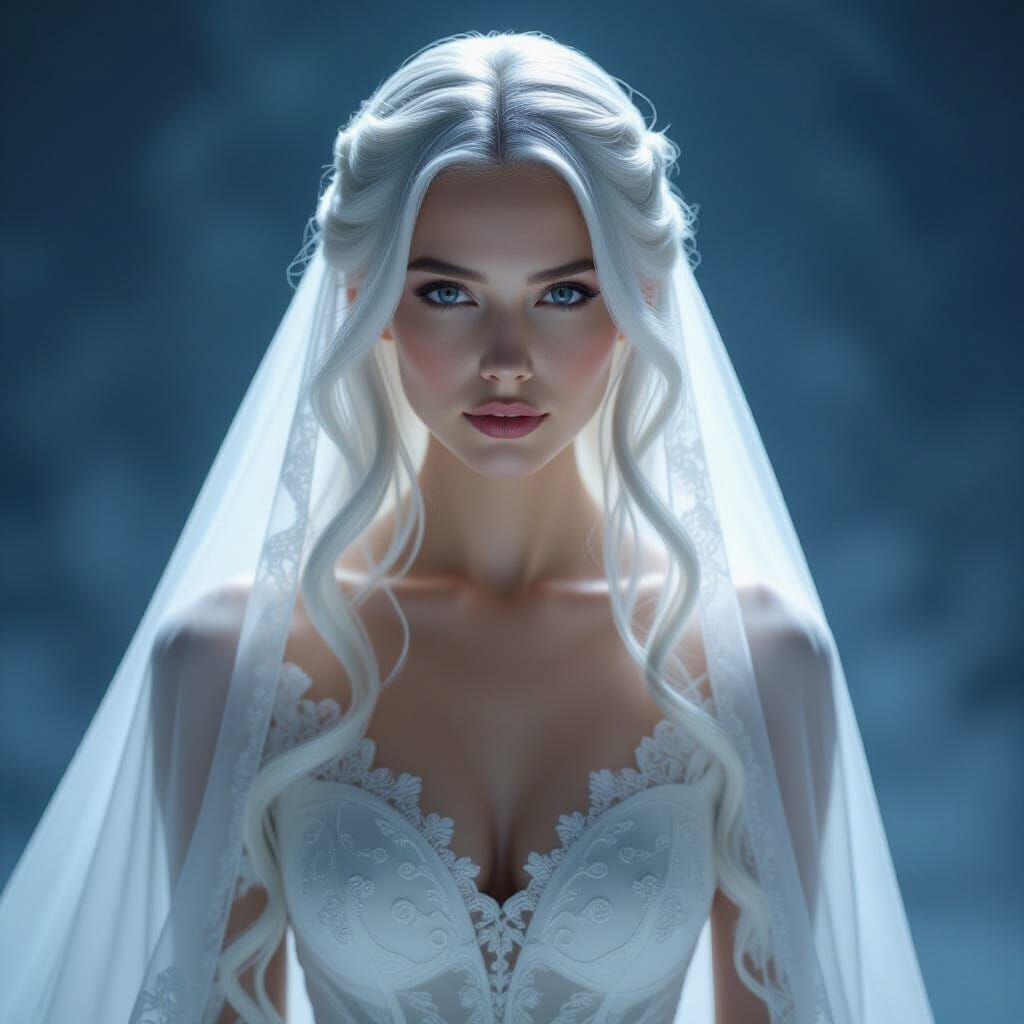 Mysterious Woman in Ethereal Wedding Dress with Glowing Whit...