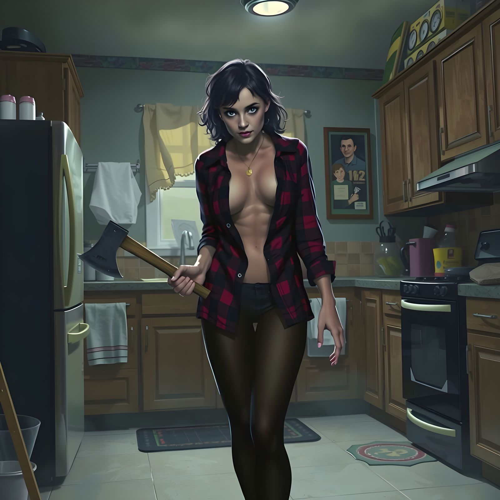 Dark Vampire Temptress in Flannel Shirts and Black Sheer Tig...