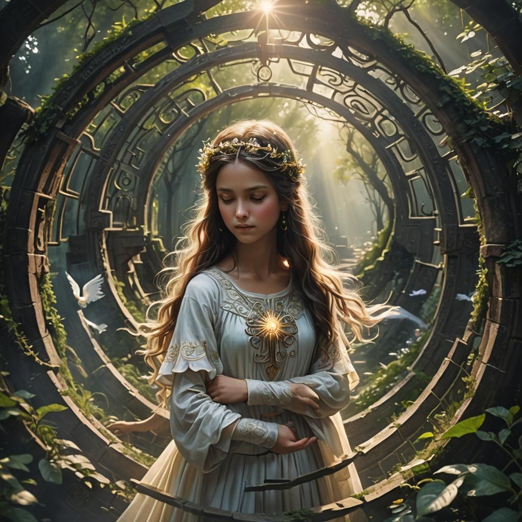 Woman Searches Dark Labyrinth in Divine Light