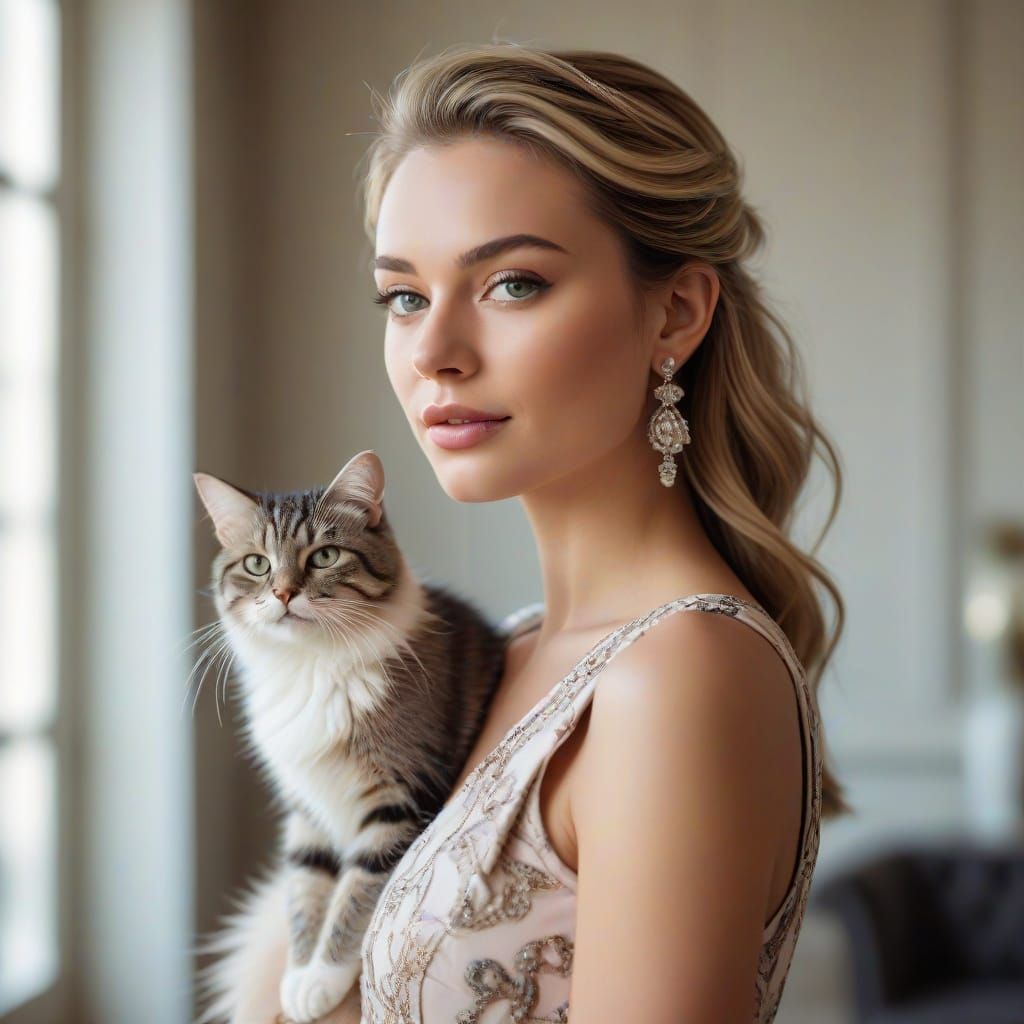 Elegant Woman in Dior Dress with Regal Cat