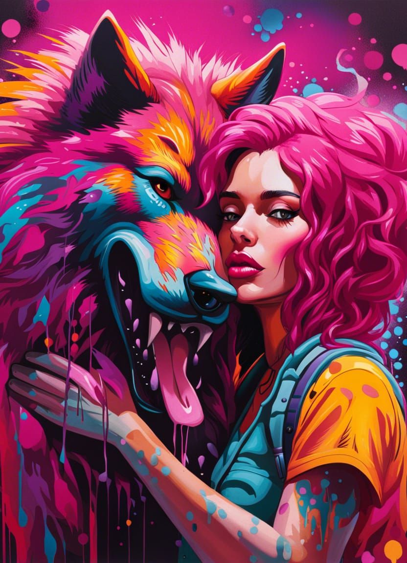 Magenta Haired Woman Hugs Werewolf in Graffiti Art