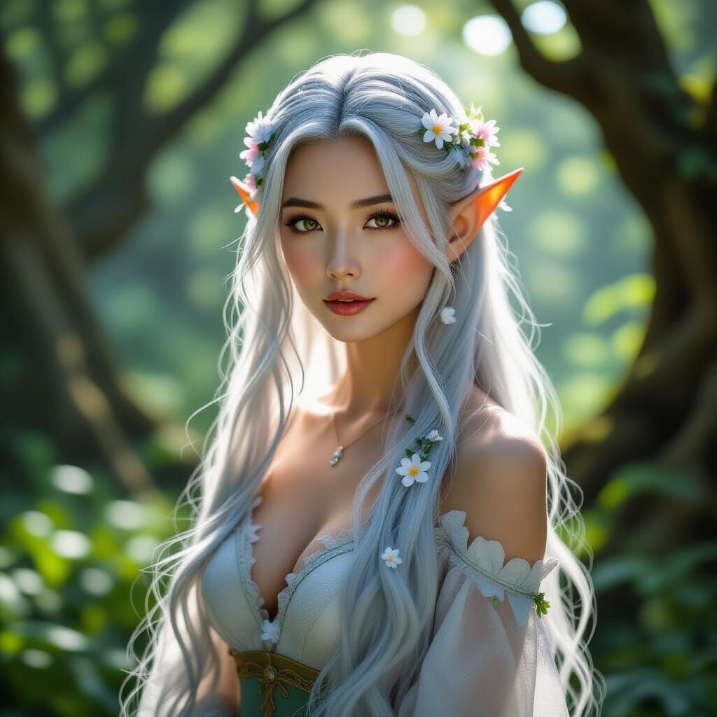 Asian Elf Woman in Enchanted Forest - Photorealistic