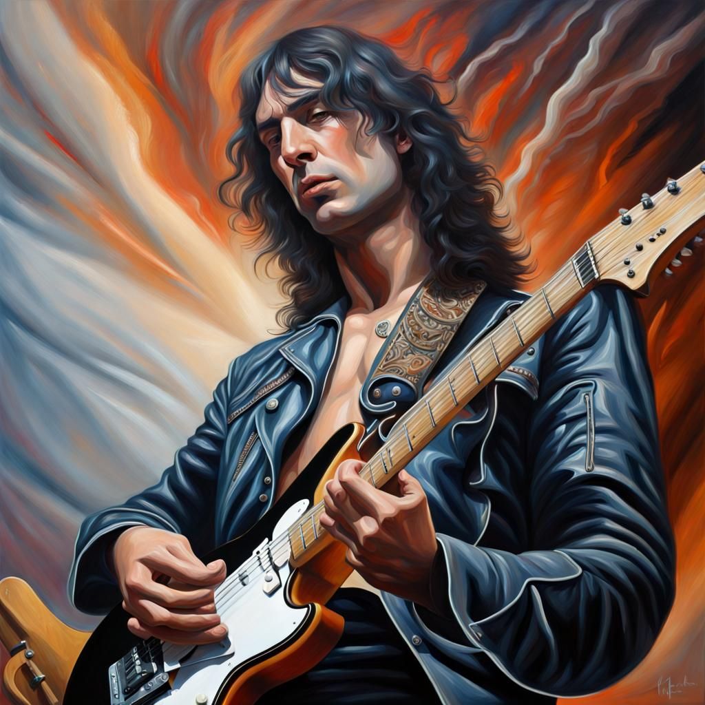 Rock Guitarist Against Volcanic Landscape Oil Painting