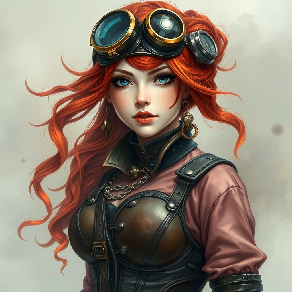 Steampunk Woman with Goggles in Watercolor Style
