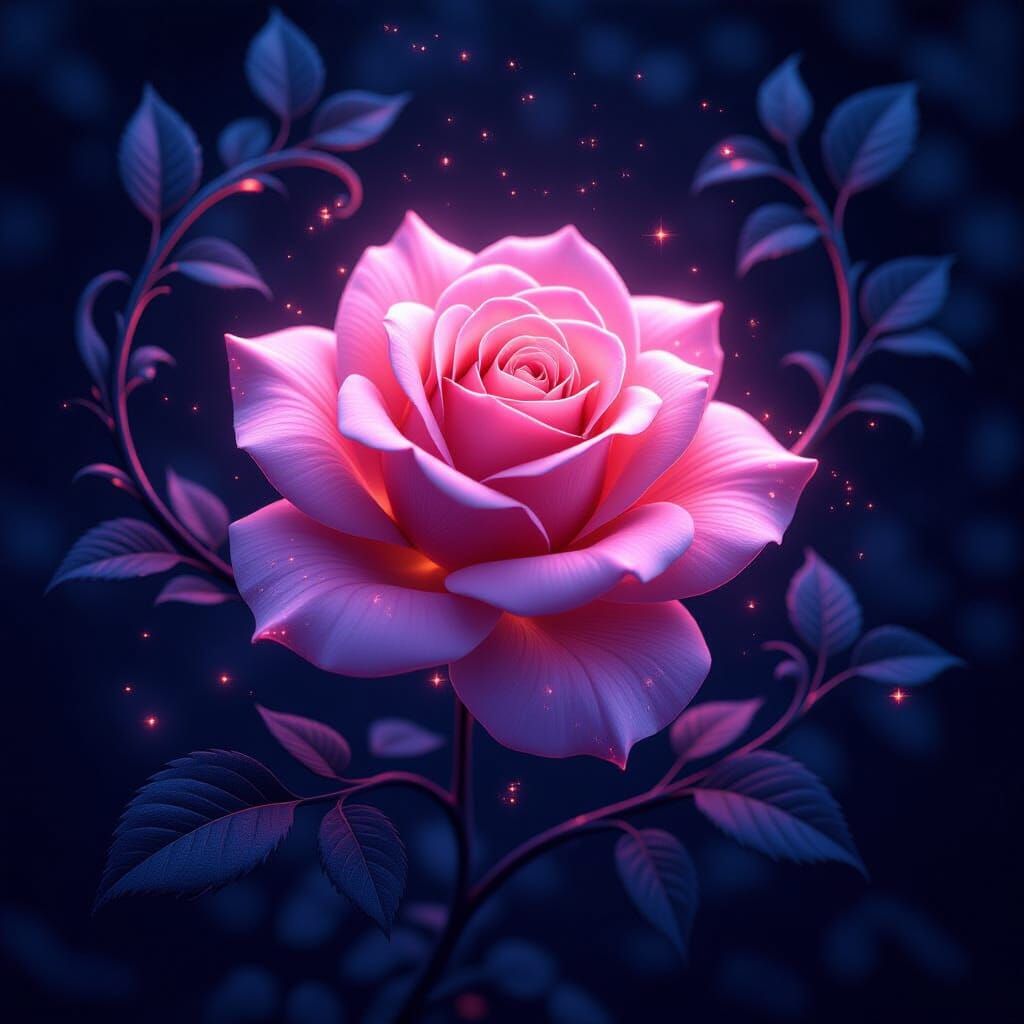 A digital artwork features a glowing pink rose with delicate...