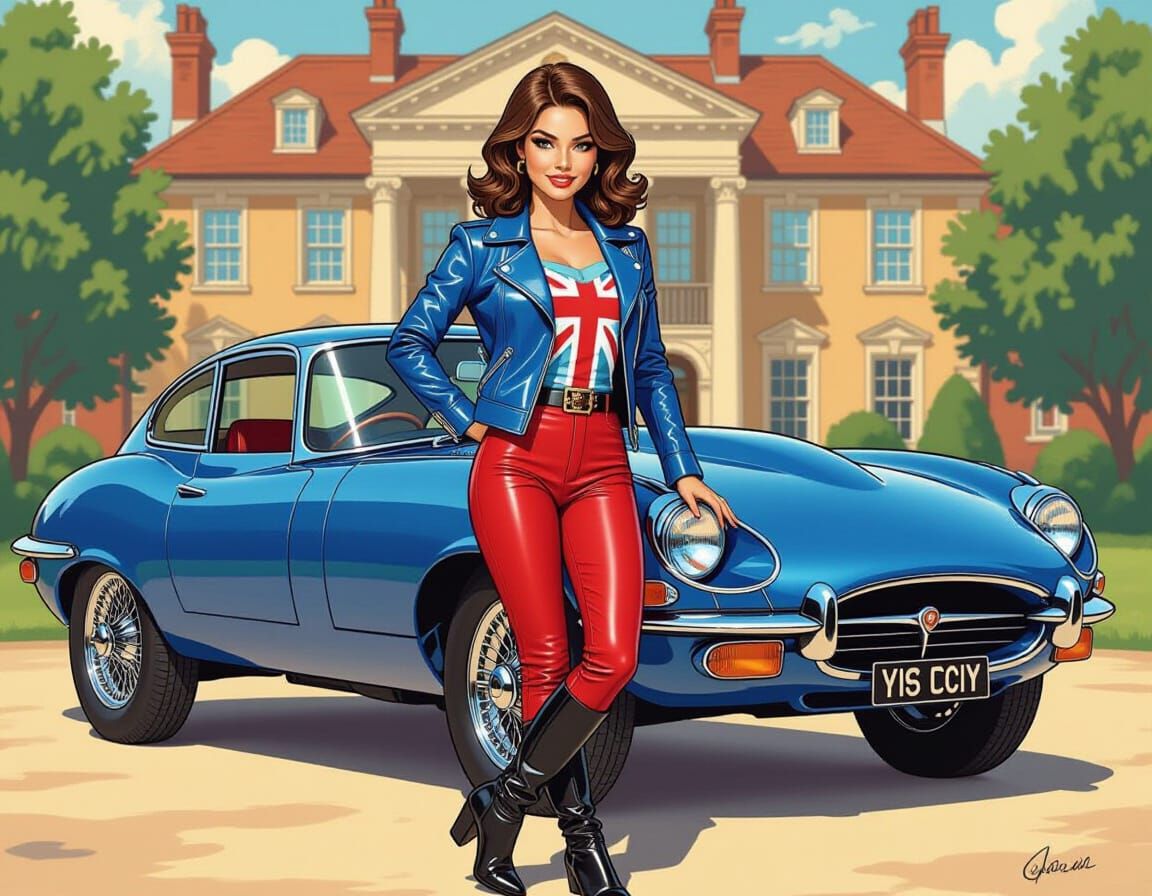 Model Leaning on Jaguar XKE in Comic Art Style
