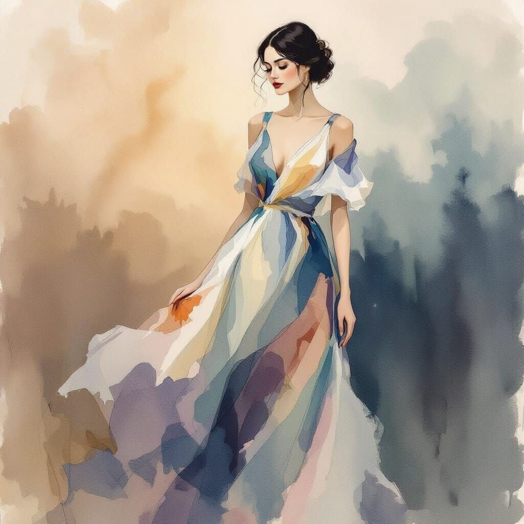 Woman in Watercolor Dress, Modern Painterly Style