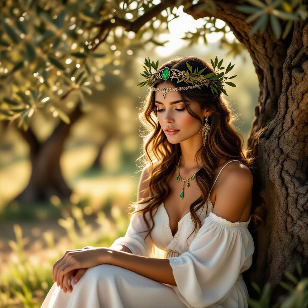 Woman with Olive Crown Beside Ancient Tree in Golden Hour