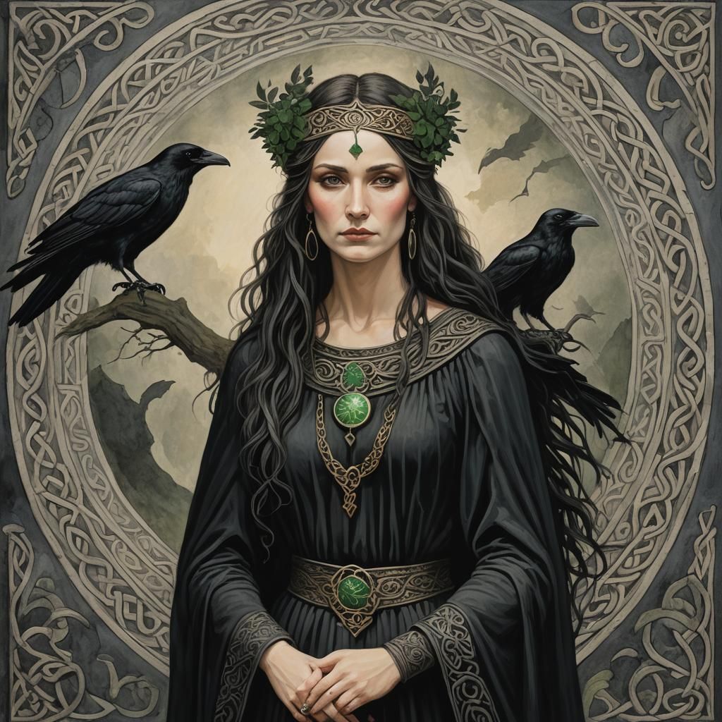 The Morrígan Celtic goddess, dressed in black, a raven behind her