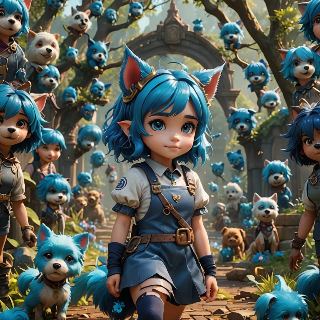 Cute Girl with Blue Hair and Dog Ears