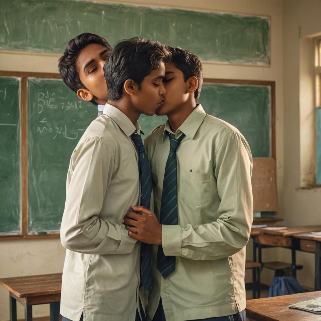 South Indian Boys' Tender Kiss: Hyperrealistic Splash Art